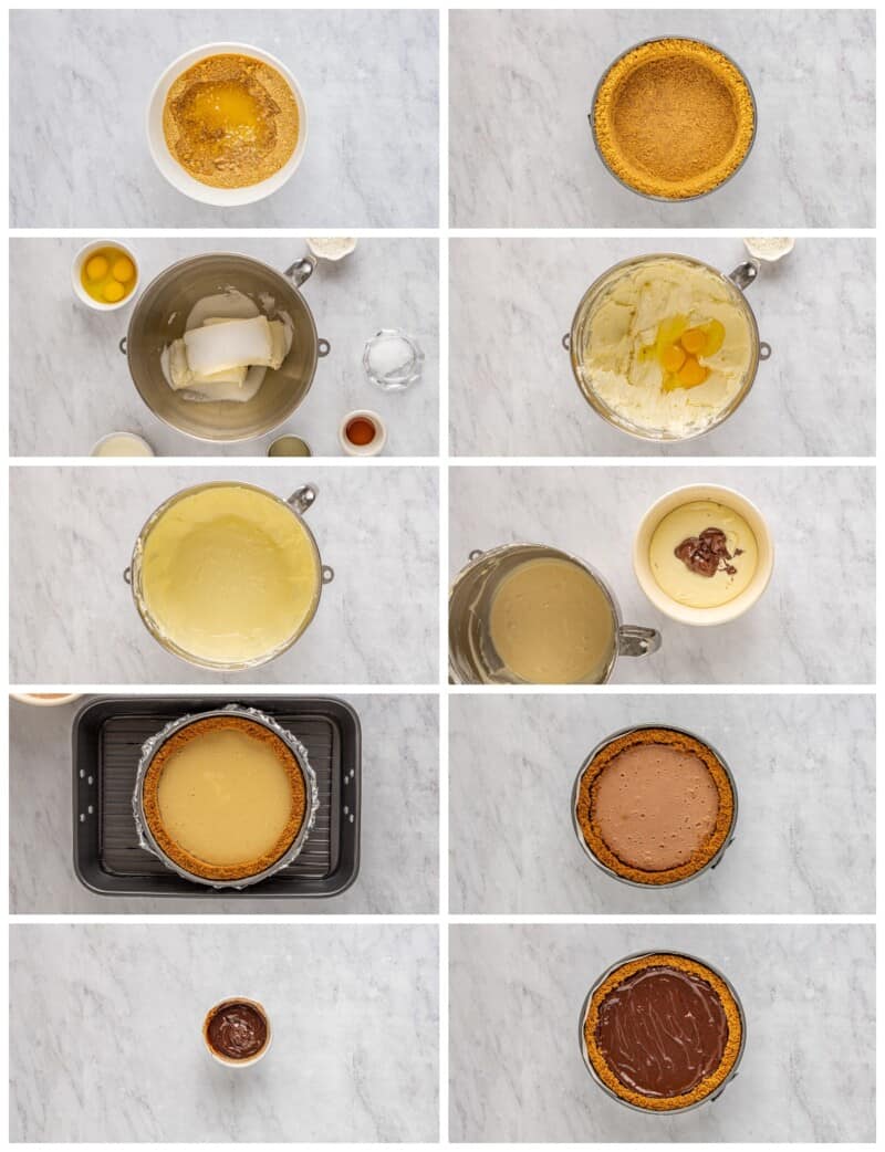 step by step photos for how to make chocolate caramel cheesecake.