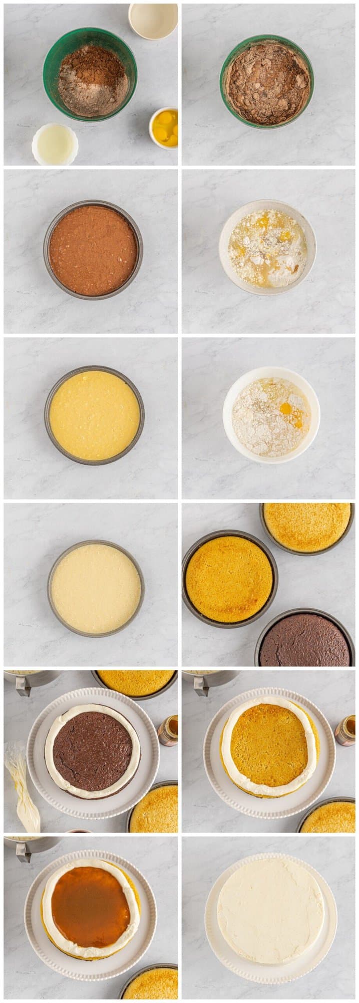 step by step photos for how to make chocolate caramel ombre cake.
