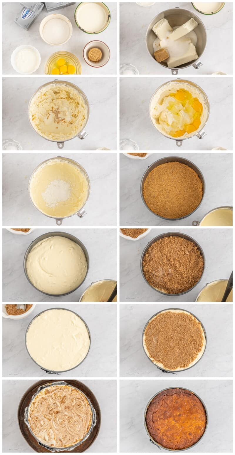step by step photos for how to make cinnamon roll cheesecake.
