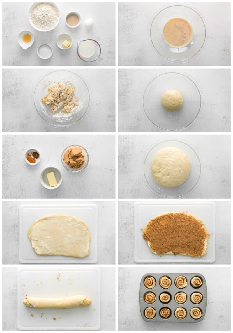 step by step photos for how to make cinnamon roll muffins.