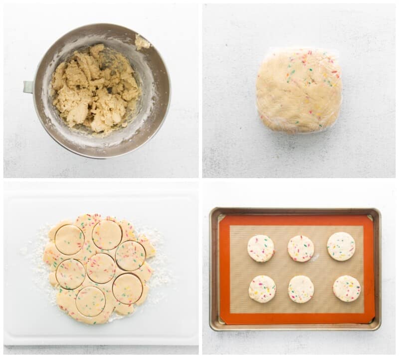 step by step photos for how to make funfetti shortbread cookies.
