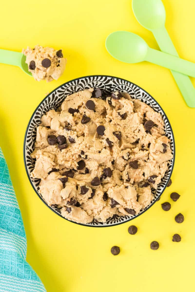 edible chocolate chip cookie dough in a serving bowl.