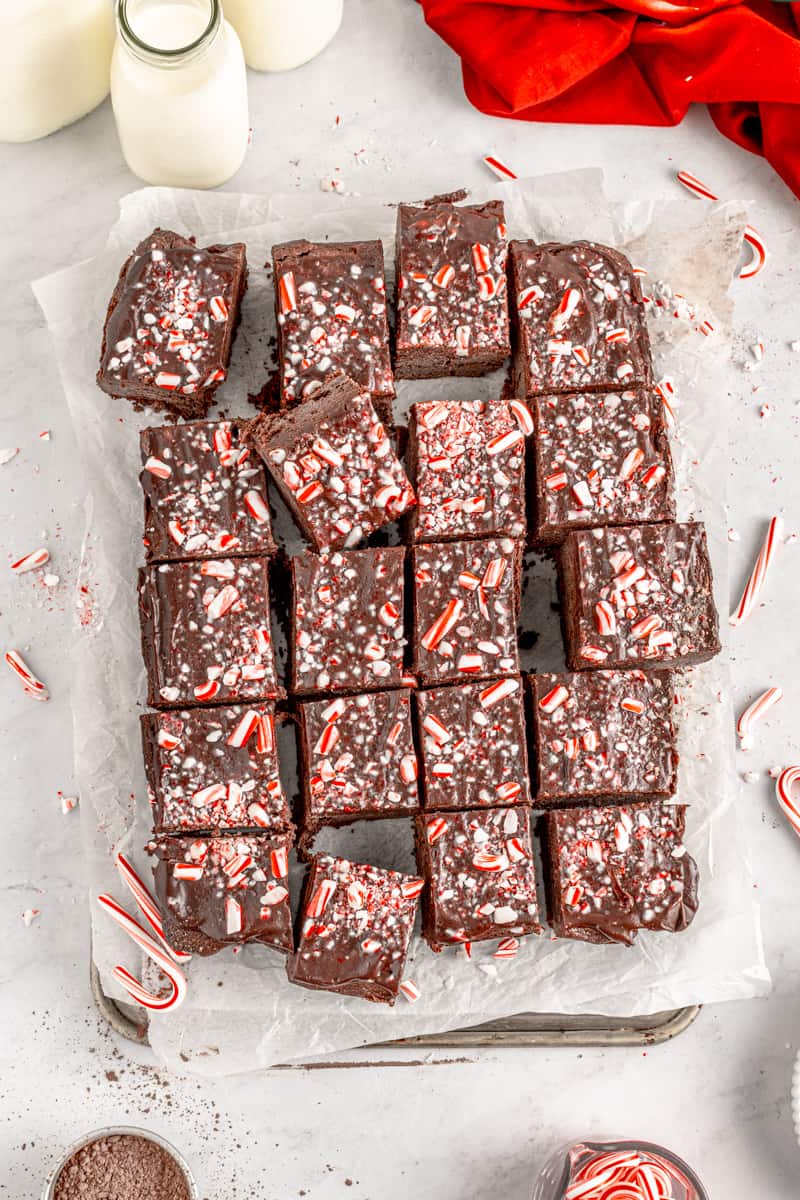 overhead view of cut peppermint brownies.