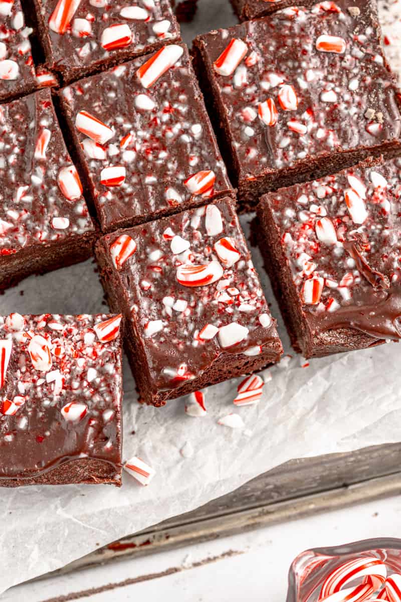 close up view of cut peppermint brownies.