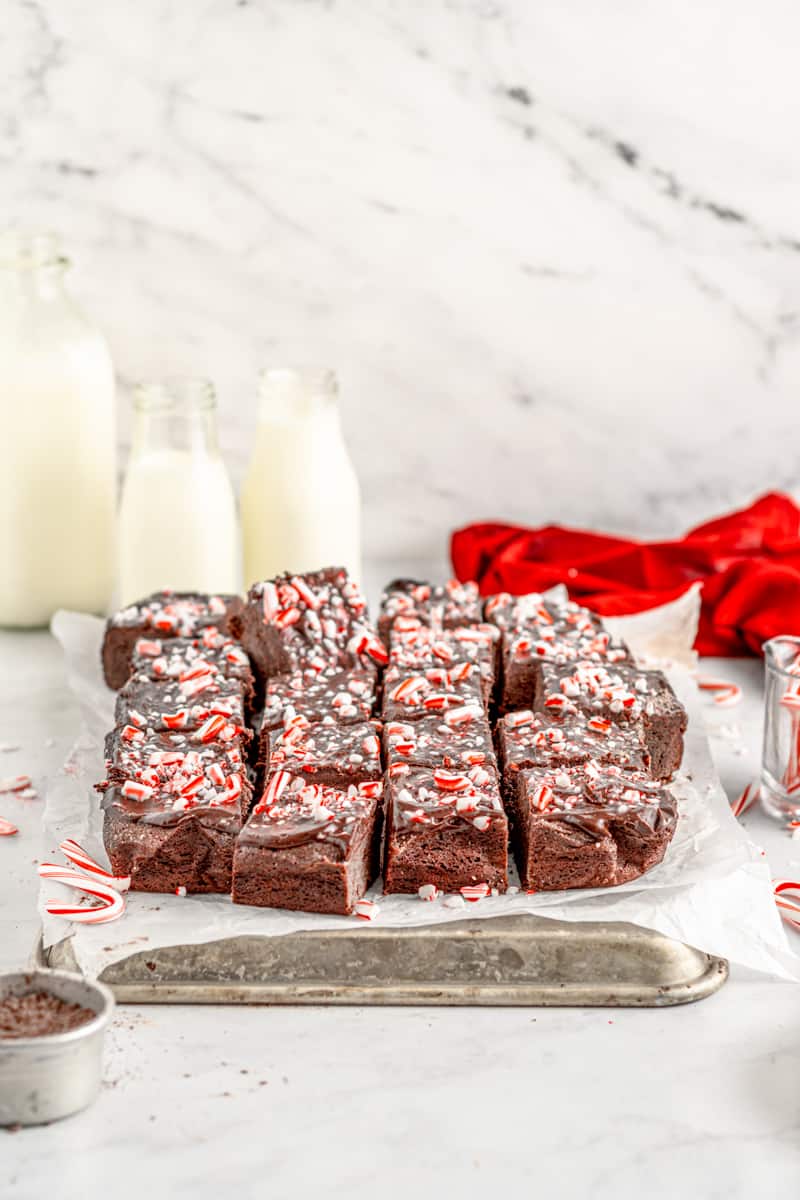 profile view of cut peppermint brownies.
