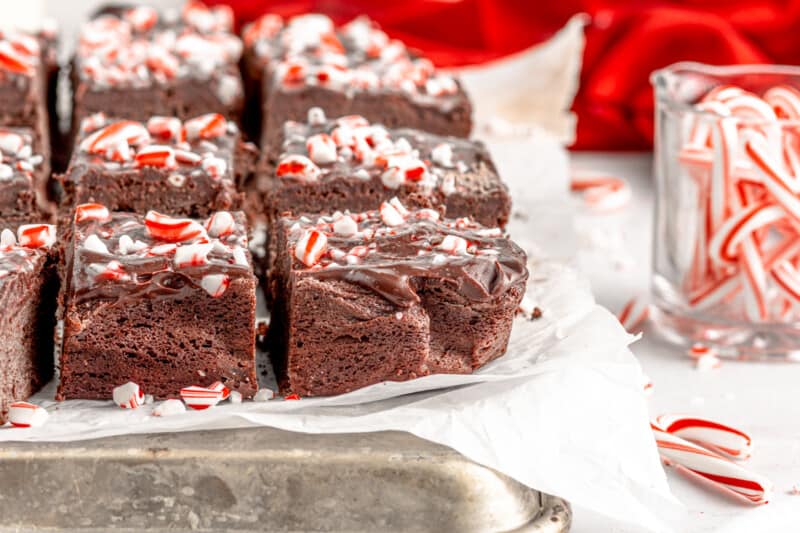 close up view of cut peppermint brownies.