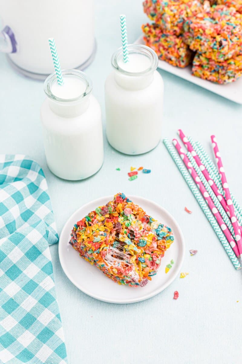fruity pebbles treat on a white plate.