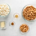 overhead view of ingredients for cinnamon toast crunch bars.