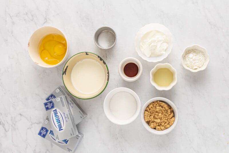 overhead view of ingredients for double crust cheesecake.
