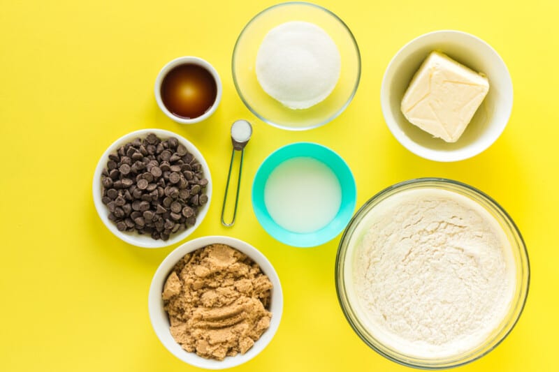overhead view of ingredients for edible chocolate chip cookie dough.