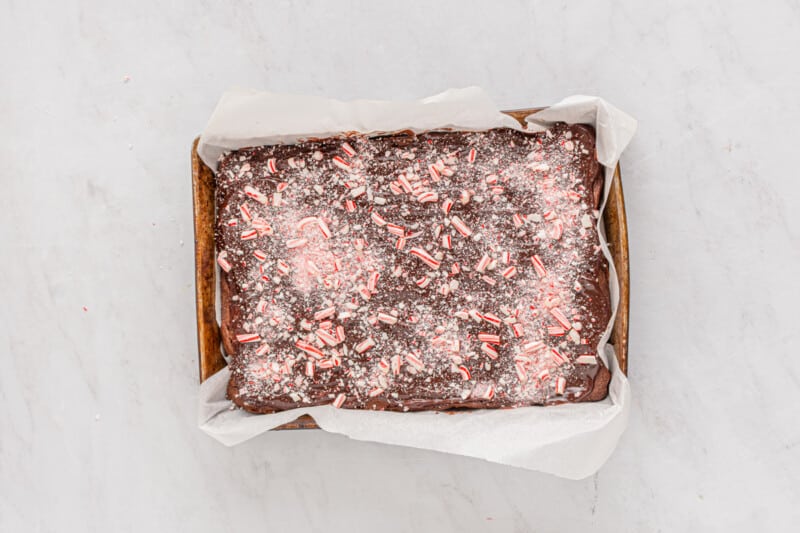 overhead view of peppermint candy pieces sprinkled over ganache on peppermint brownies in a baking pan.