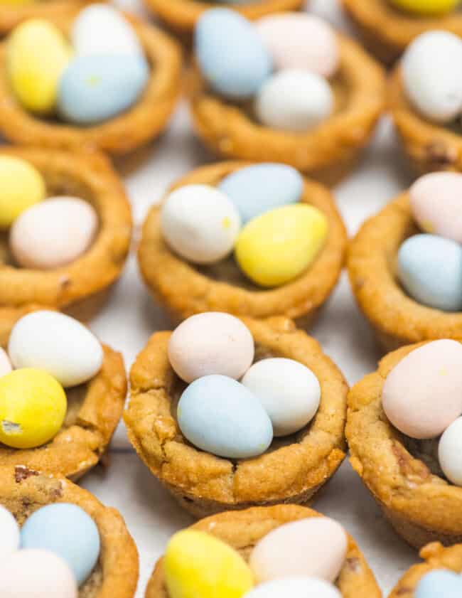 close up of easter basket cookie cups.