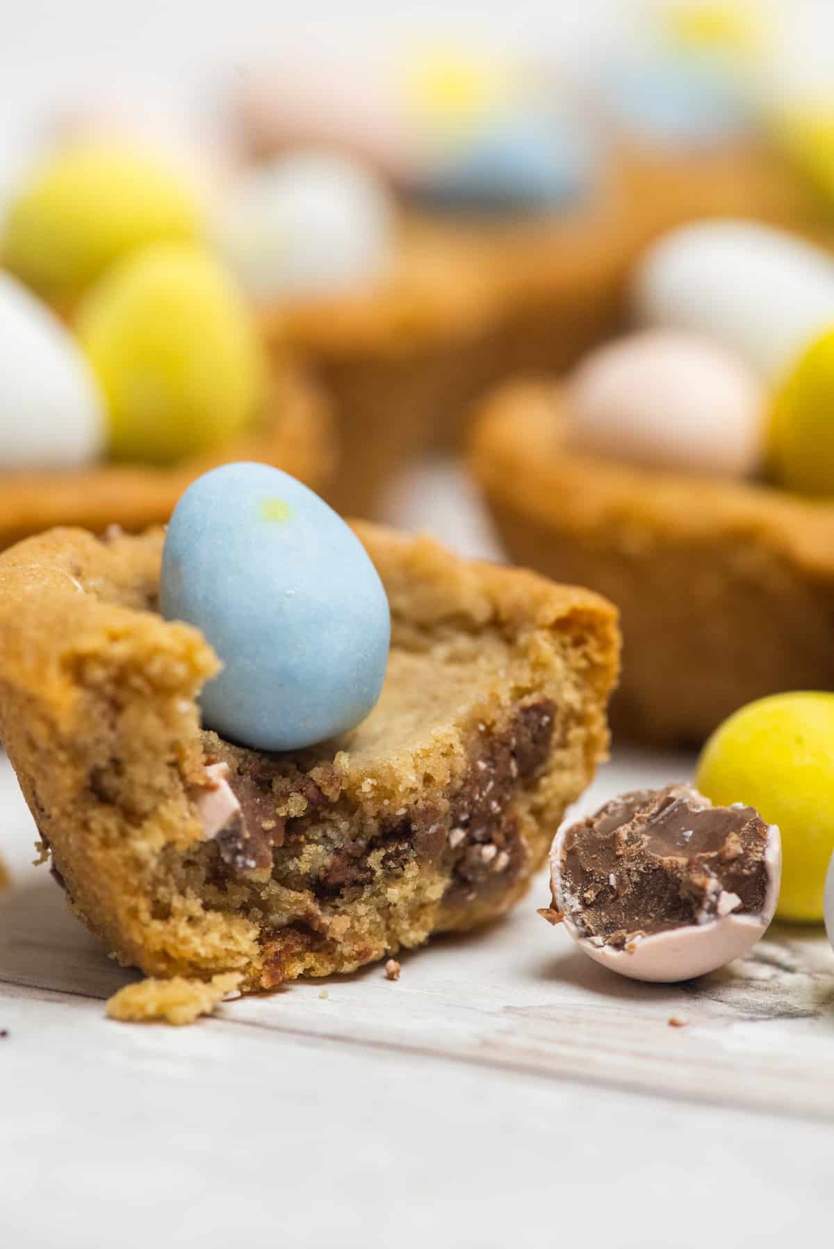 close up of a halved easter basket cookie cup.