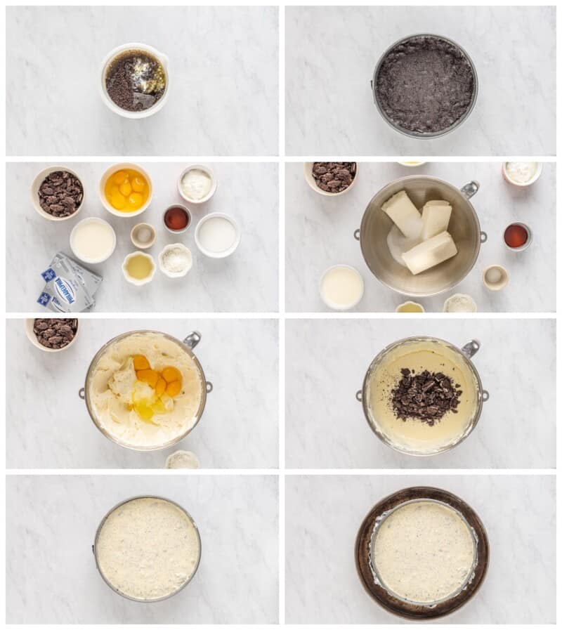 step by step photos for how to make cookies and cream cheesecake.