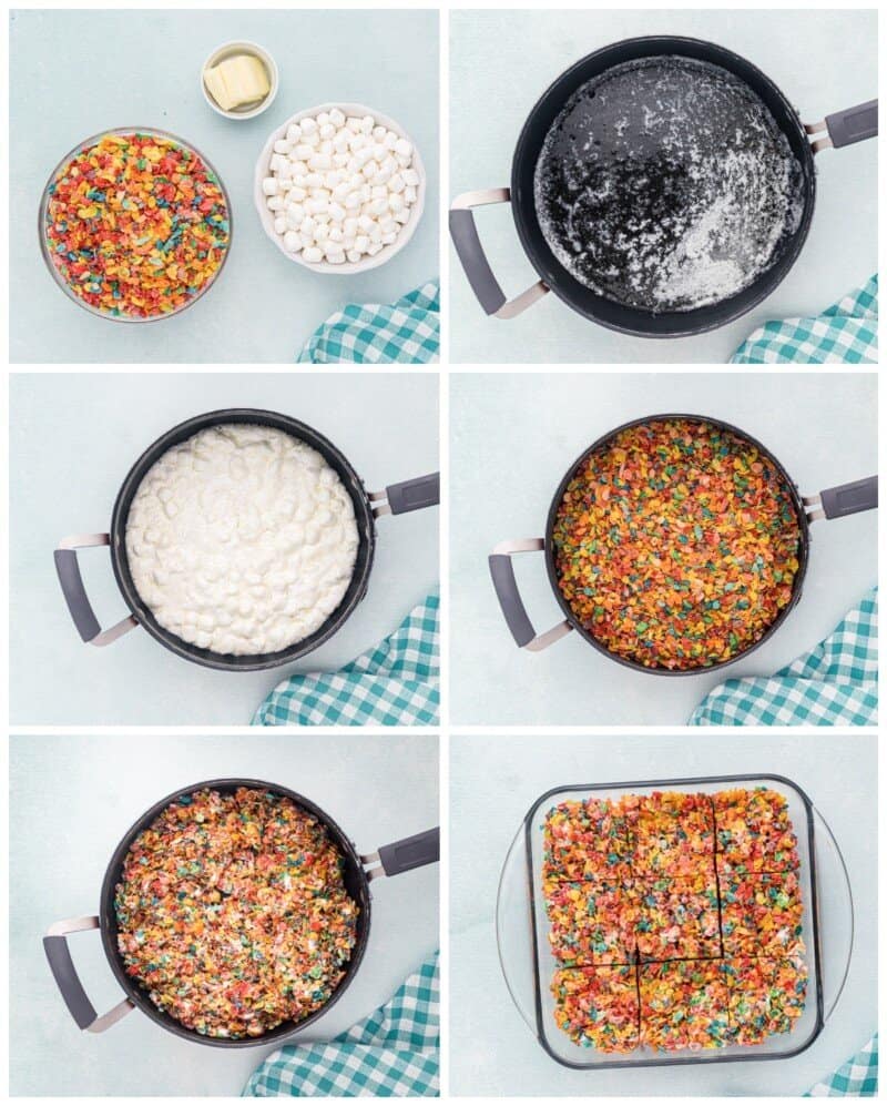 step by step photos for how to make fruity pebbles treats.