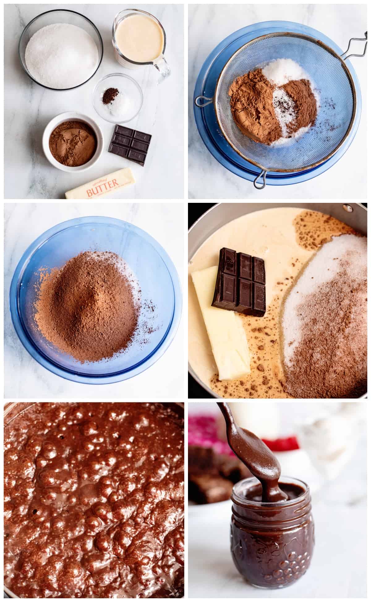 step by step photos showing how to make hot fudge sauce