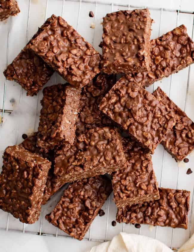 overhead view of a pile of homemade crunch bars.