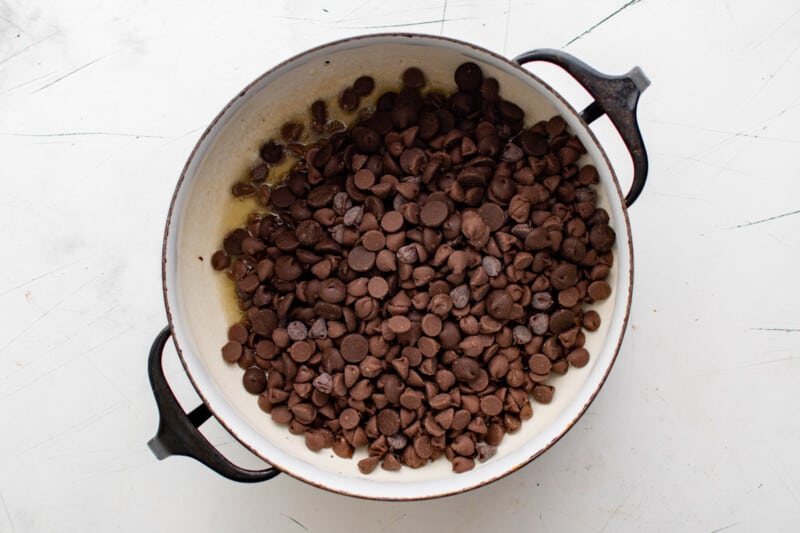 chocolate chips and melted butter in a dutch oven.