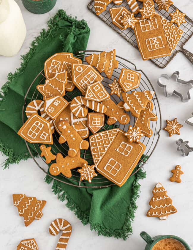 overhead view of easy gingerbread cookies on a round wire rack.