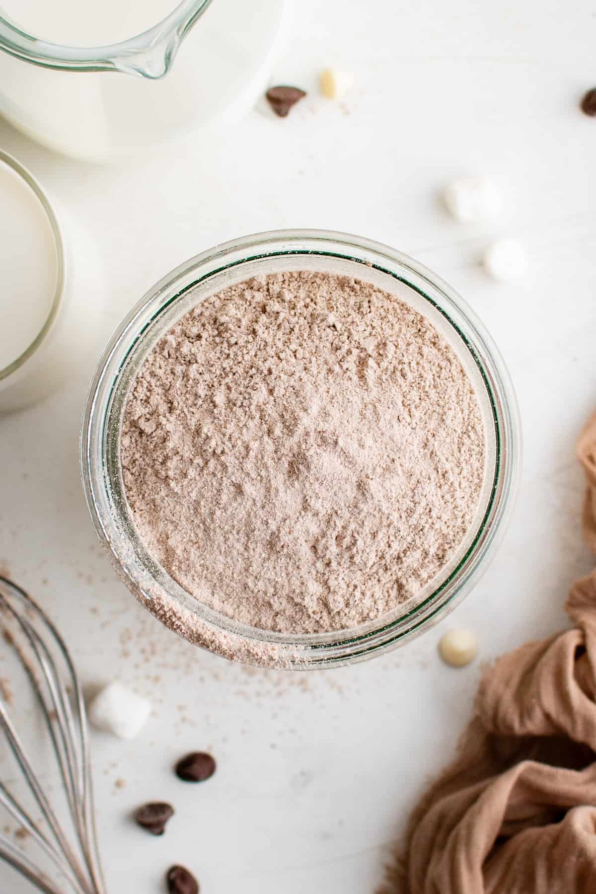 overhead view of homemade hot chocolate mix in a glass bowl.