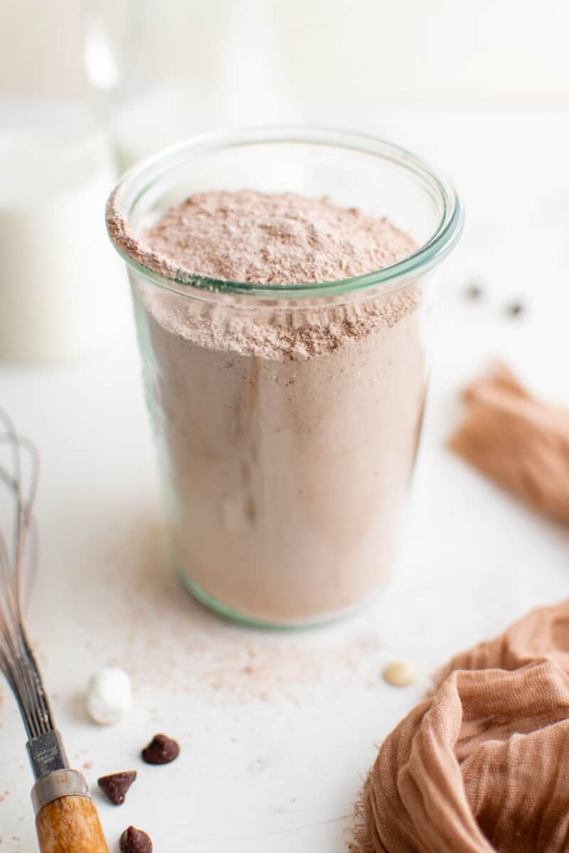 homemade hot chocolate mix in a glass jar.