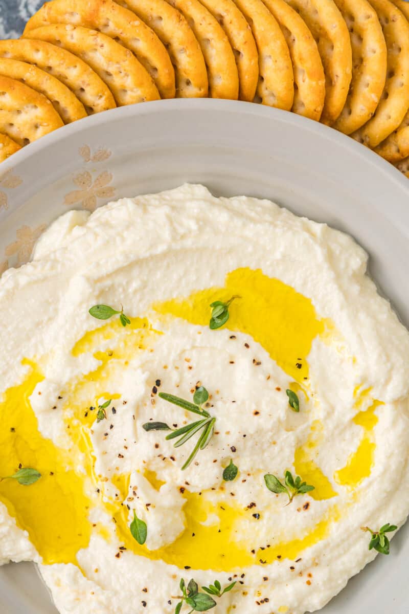 closeup of homemade ricotta cheese in a gray bowl with crackers around it.