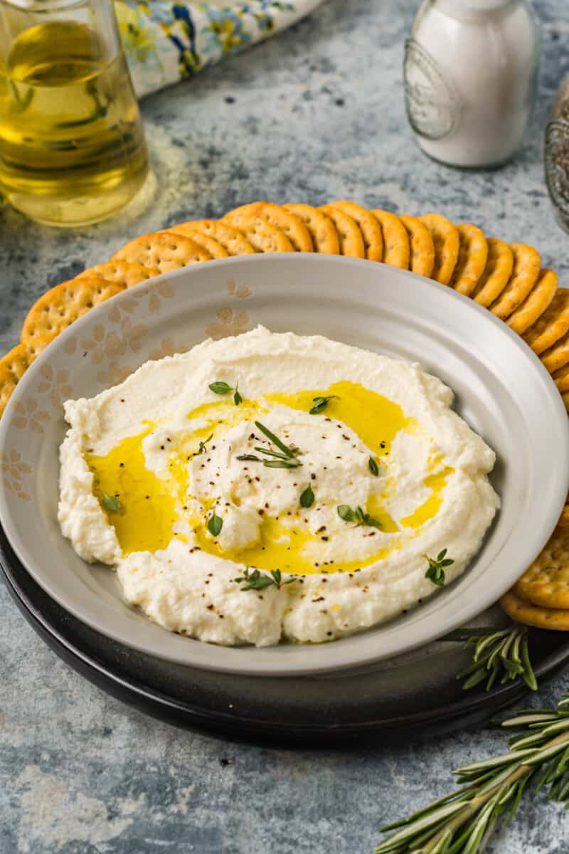 homemade ricotta cheese in a gray bowl with crackers around it.