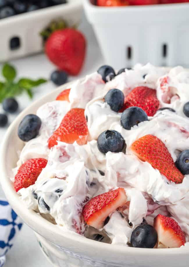 berry cheese cake salad in a large serving bowl