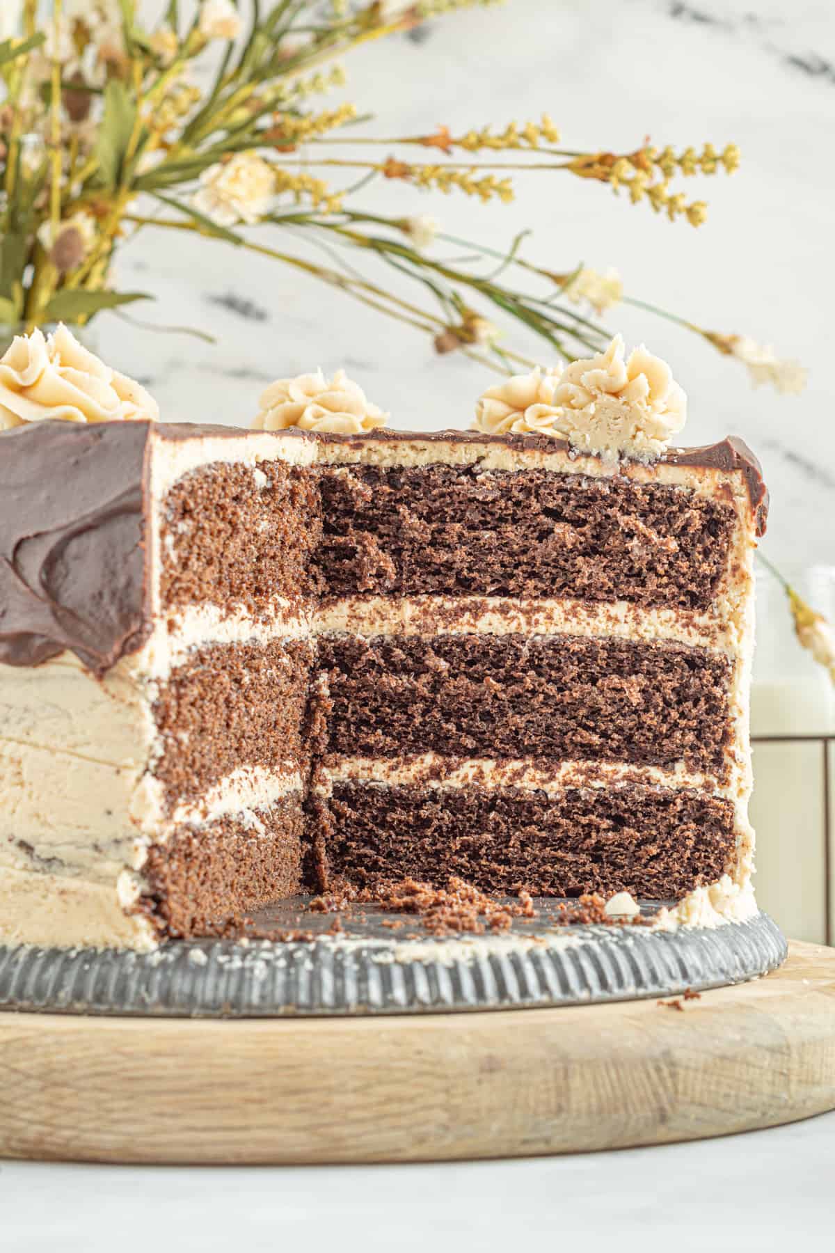 three layered chocolate peanut butter cake