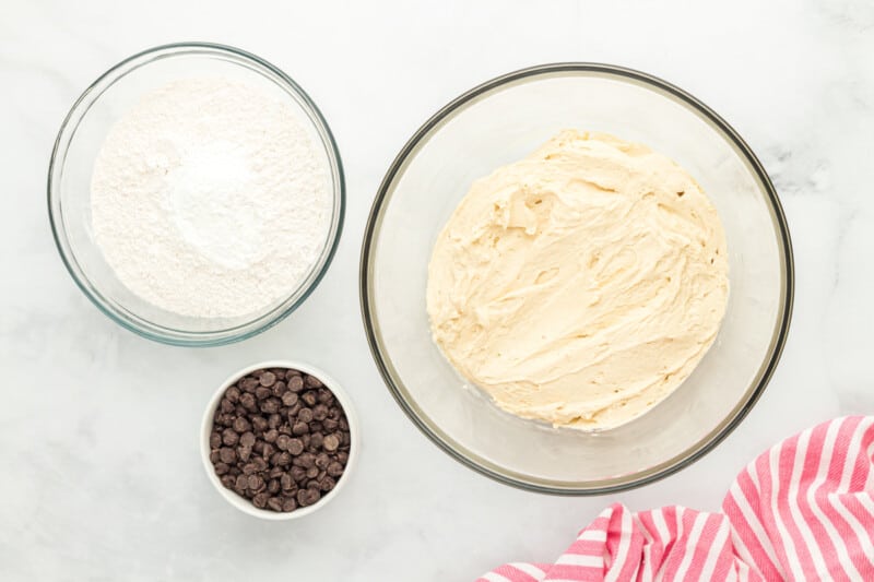 cookie dough ingredients in mixing bowls