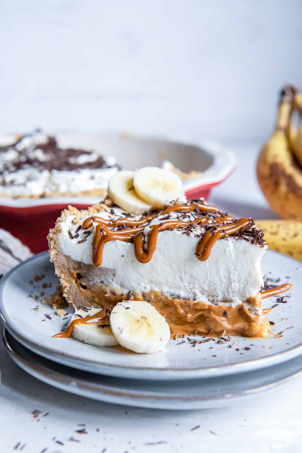 side view of a slice of banoffee pie