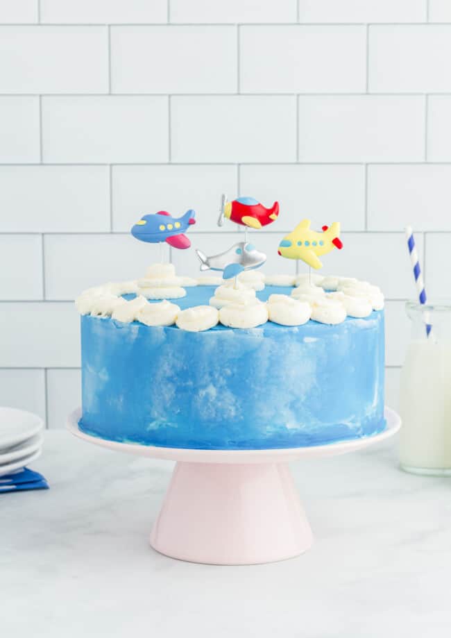 side view of airplane cake on a white cake stand.