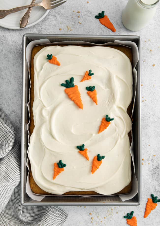 overhead view of carrot cake in a 9x13 cake pan.