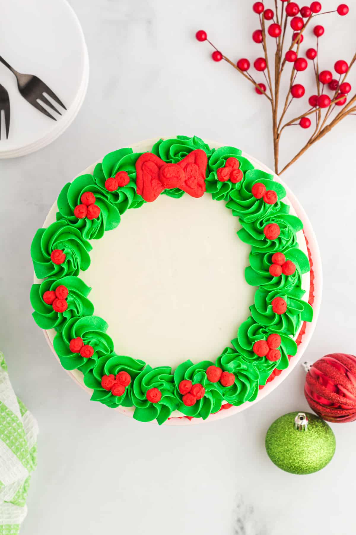 overhead view of christmas wreath cake