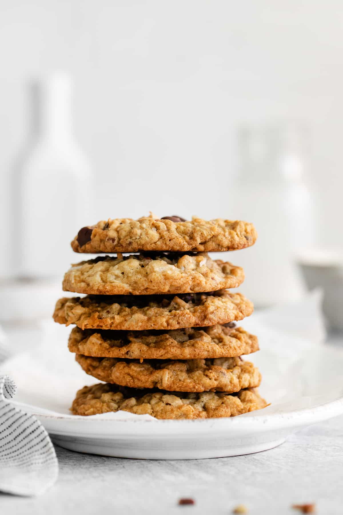 a stack of cowboy cookies viewed from the side