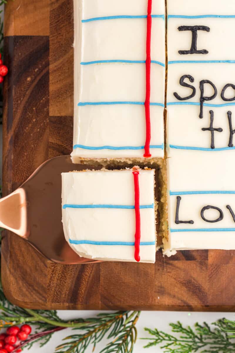 close up view of a cut letter to santa cake.