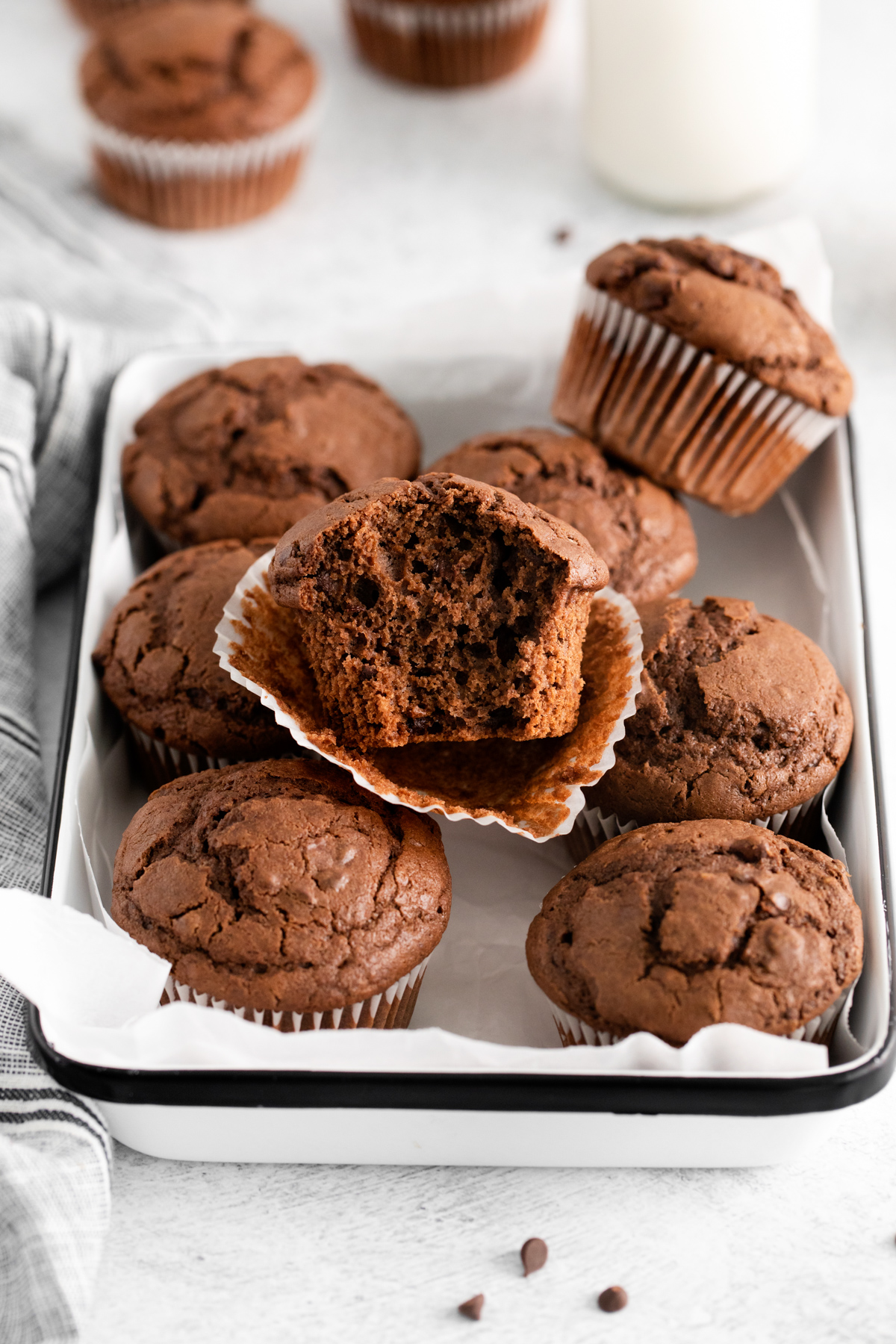 double chocolate muffins in a serving tray