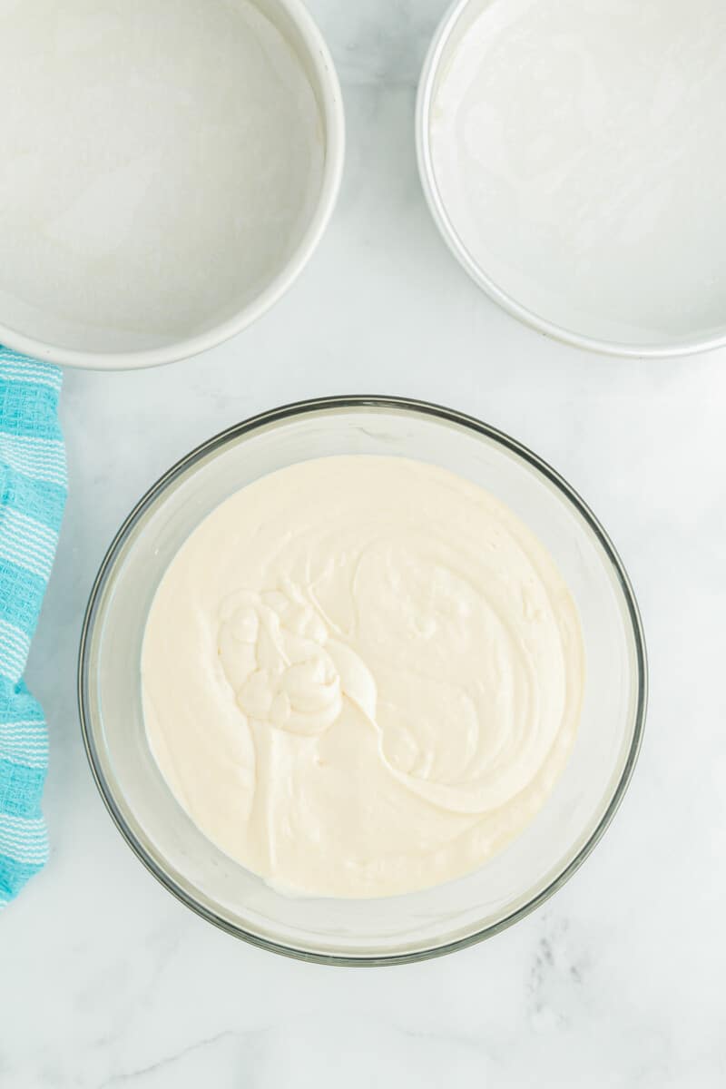 overhead view of airplane cake batter in a glass bowl.