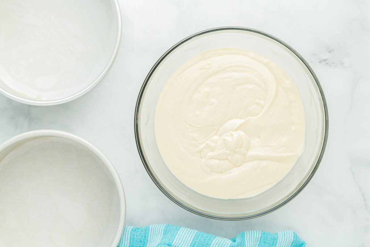 overhead view of airplane cake batter in a glass bowl.