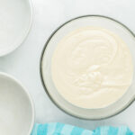 overhead view of airplane cake batter in a glass bowl.