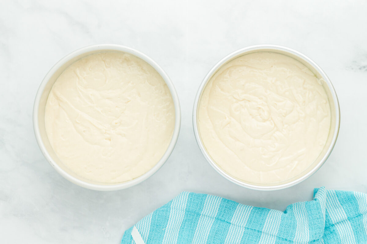 overhead view of airplane cake batter in cake pans.