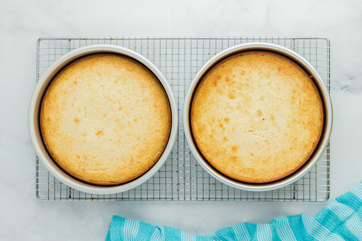 overhead view of baked airplane cakes in cake pans.