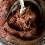 chocolate frosting in a mixing bowl