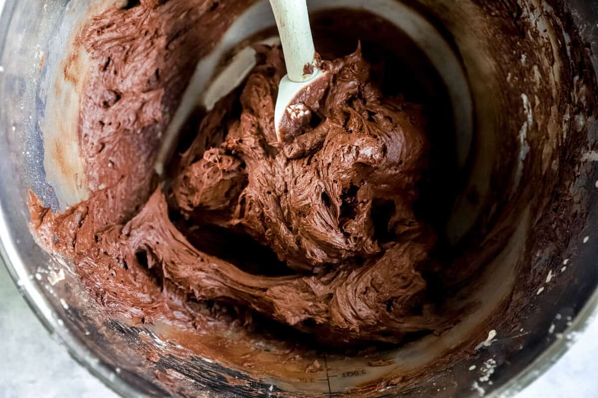 chocolate frosting in a mixing bowl