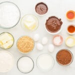 overhead view of ingredients for brownie cake.
