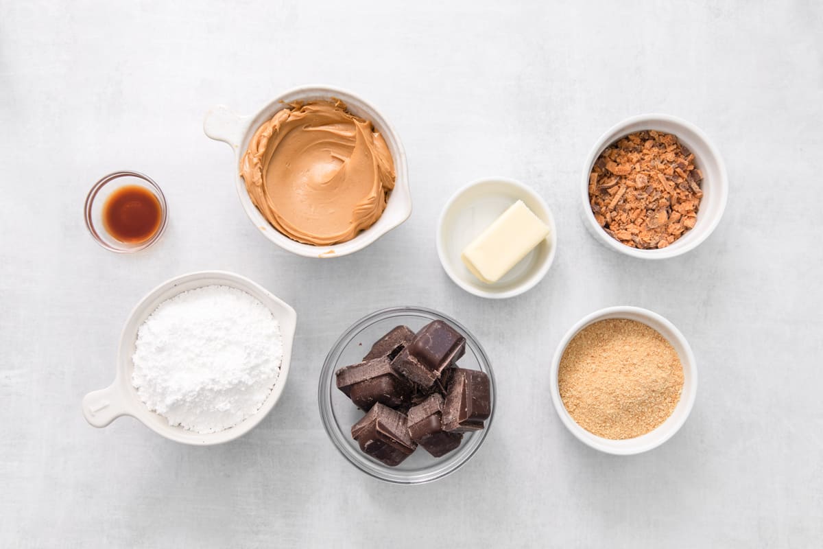 overhead view of ingredients for butterfinger balls.