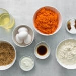 overhead view of ingredients for carrot cake.