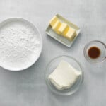 overhead view of ingredients for cream cheese frosting.