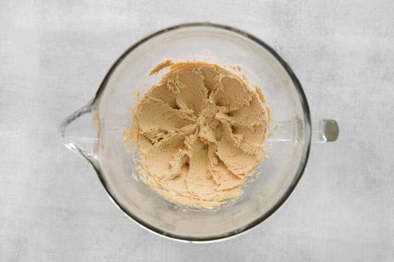 peanut butter batter in a glass bowl.