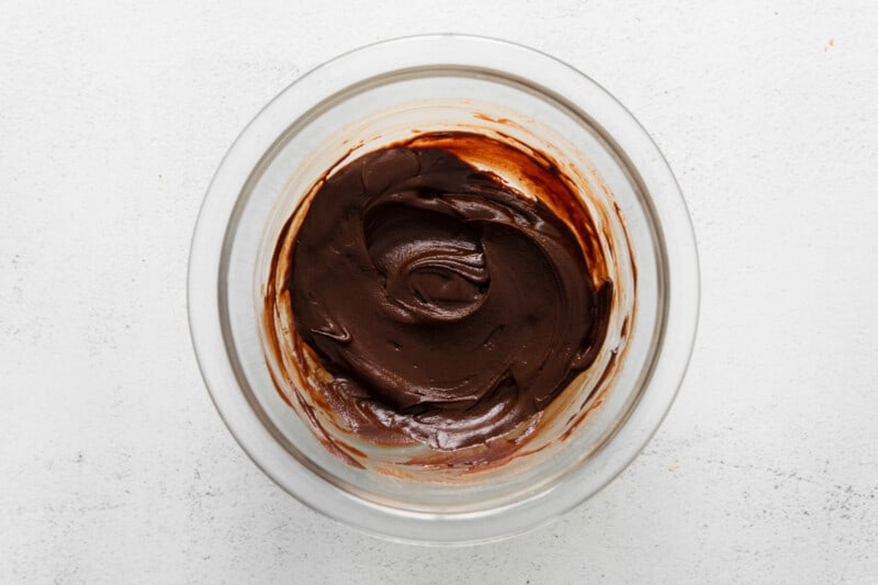 chocolate ganache filling in a mixing bowl